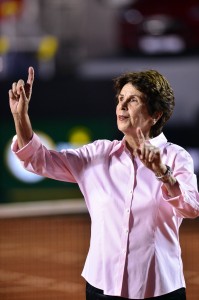 Maria Bueno steps onto stadium court in Rio