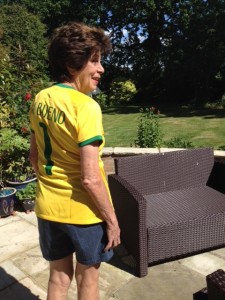 Maria is number one wearing the Brazilian World Cup national football shirt