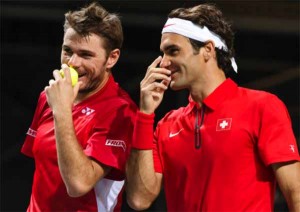 Stan Wawrinka and Roger Federer enjoying the doubles