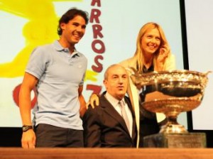 2014 French Open Champions Rafael Nadal and Maria Sharapova with FFT President Jean Gachassin