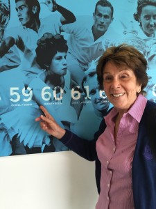 Maria Bueno points to her picture at Wimbledon