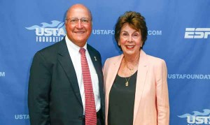 Chris Combe (L) with Maria Bueno attending the USTA Foundation opening night Gala celebration during the 2015 US Open (Photo USTA/Andy Marlin)