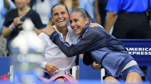 Flavia Pennetta hugs her best friend, Roberta Vinici, after winning the US Open women's singles