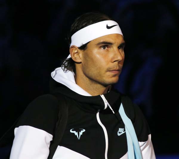 Rafael NADAL (ESP) in action against Stan WAWRINKA (SUI) in their first "Round Robin" match.