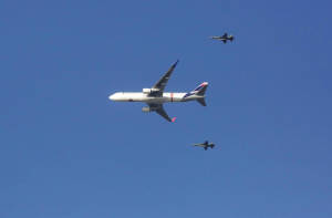 The Olympic Flame arrived in Brasilia escorted by two Air Force jets