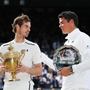 Andy Murray and Milos Raonic with the Wimbledon trophies